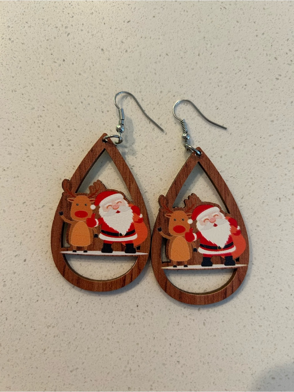 Wooden Santa & Reindeer Teardrop Earrings - Red, Brown, White